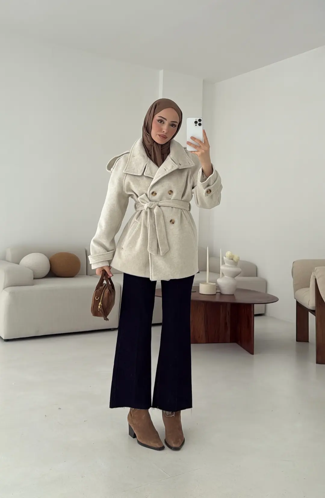 Kuşaklı Oversize Kaşe Kaban Bej