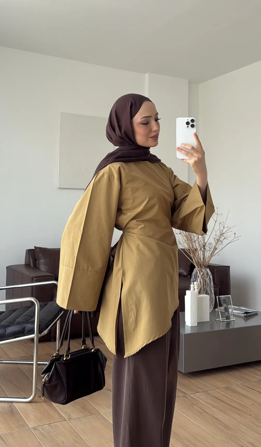 Ela Poplin Kalın Manşetli Bluz Hardal