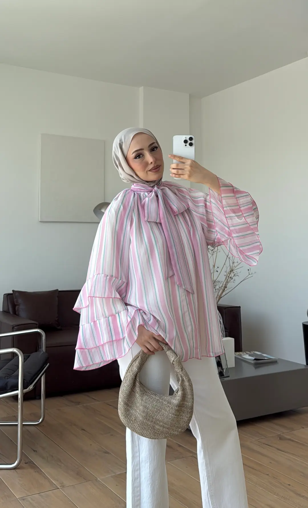 Oryo Çizgili Şifon Bluz Pembe