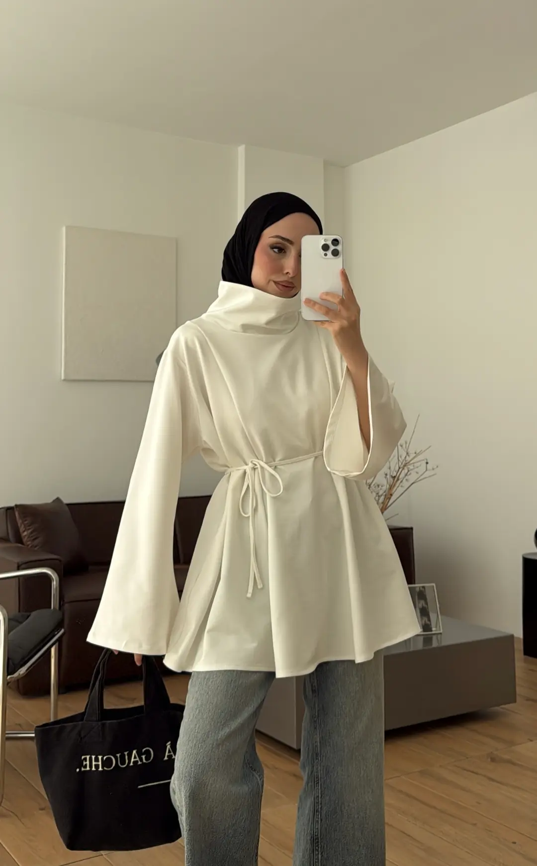 Bel Bağlamalı Dik Yaka Tunik Ekru