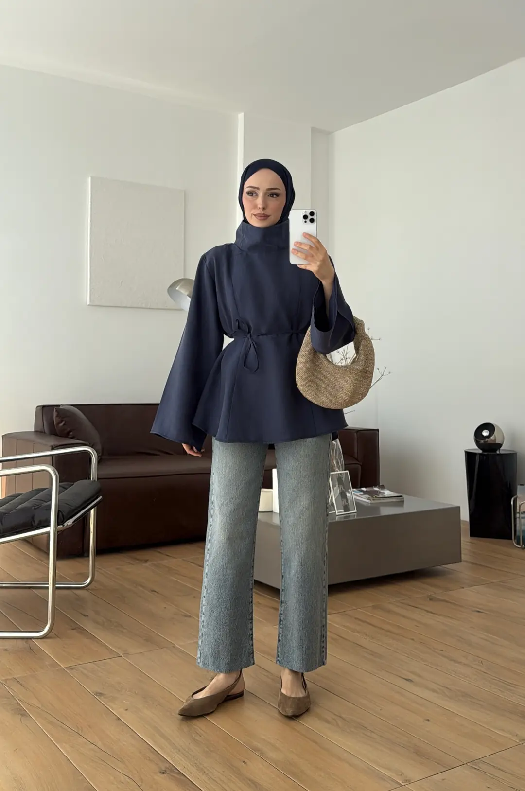 Geniş Yakalı Bluz Lacivert