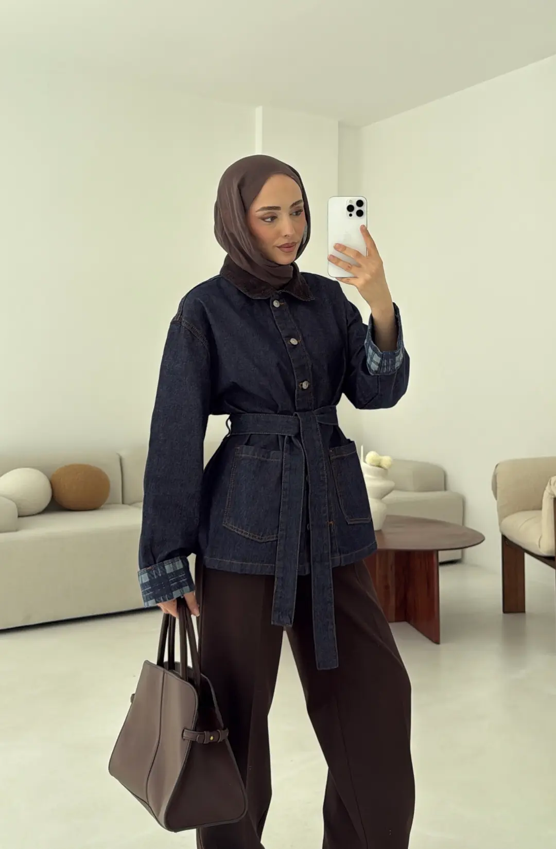 Astarı Ekose Detay Denim Ceket Mavi