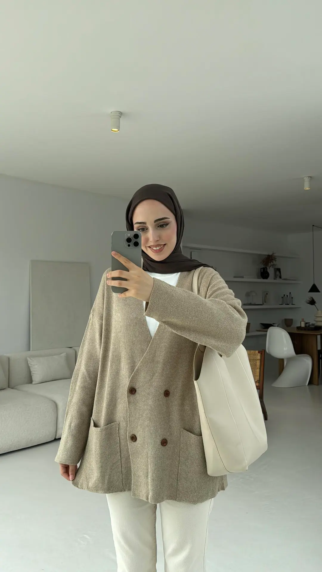 Düğmeli Cepli Triko Hırka Vizon
