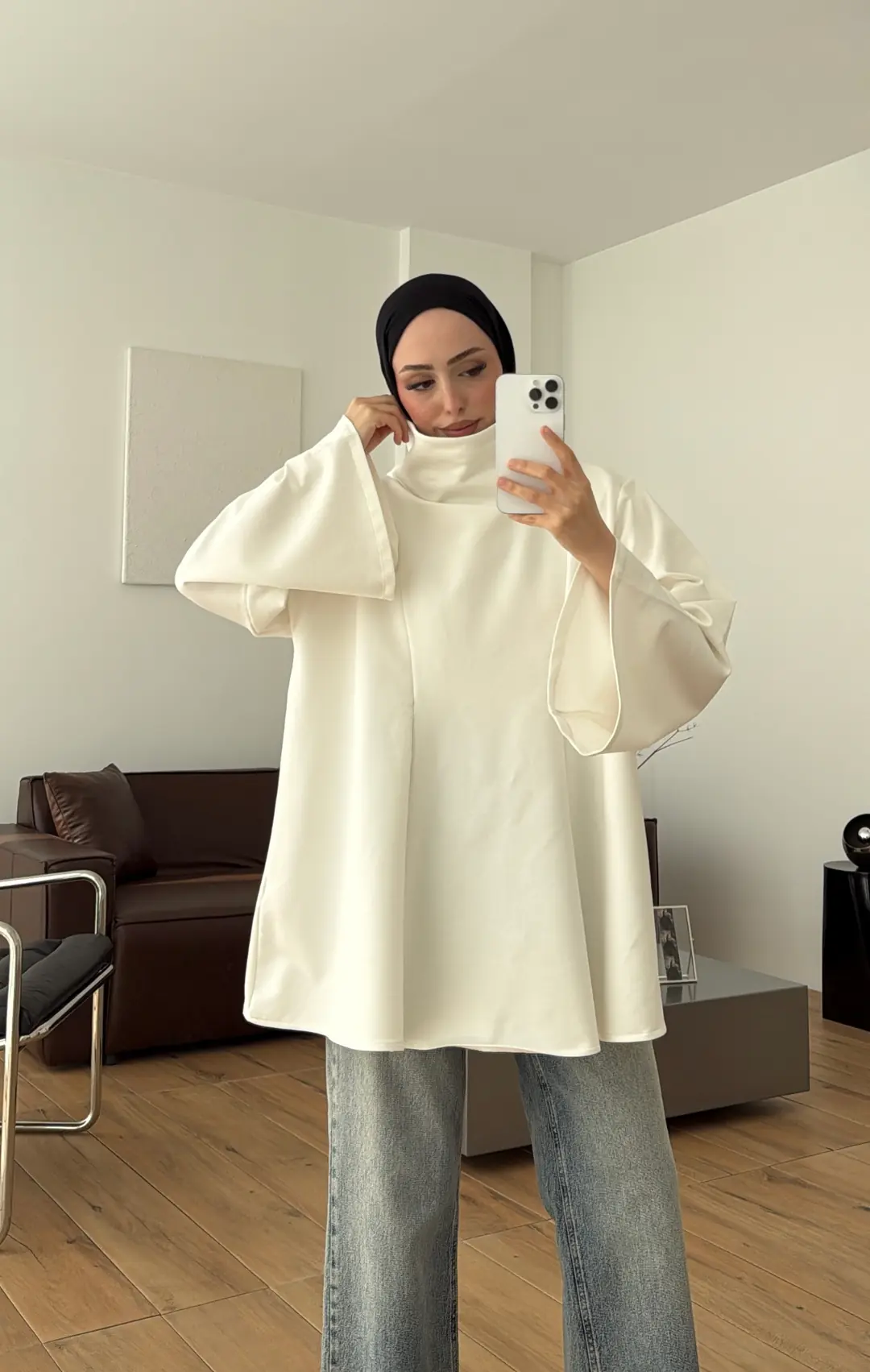 Bel Bağlamalı Dik Yaka Tunik Ekru