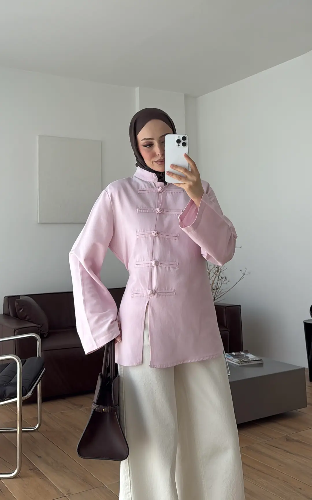 Süslü Düğmeli Keten Bluz Pembe
