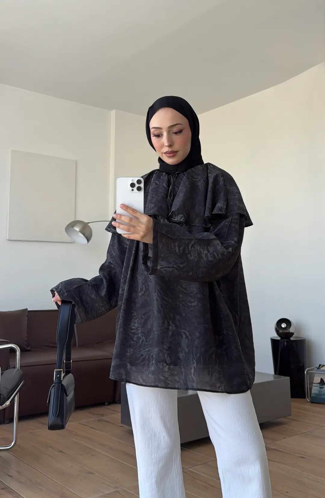 Pelerinli BağcıklI Bluz Gri