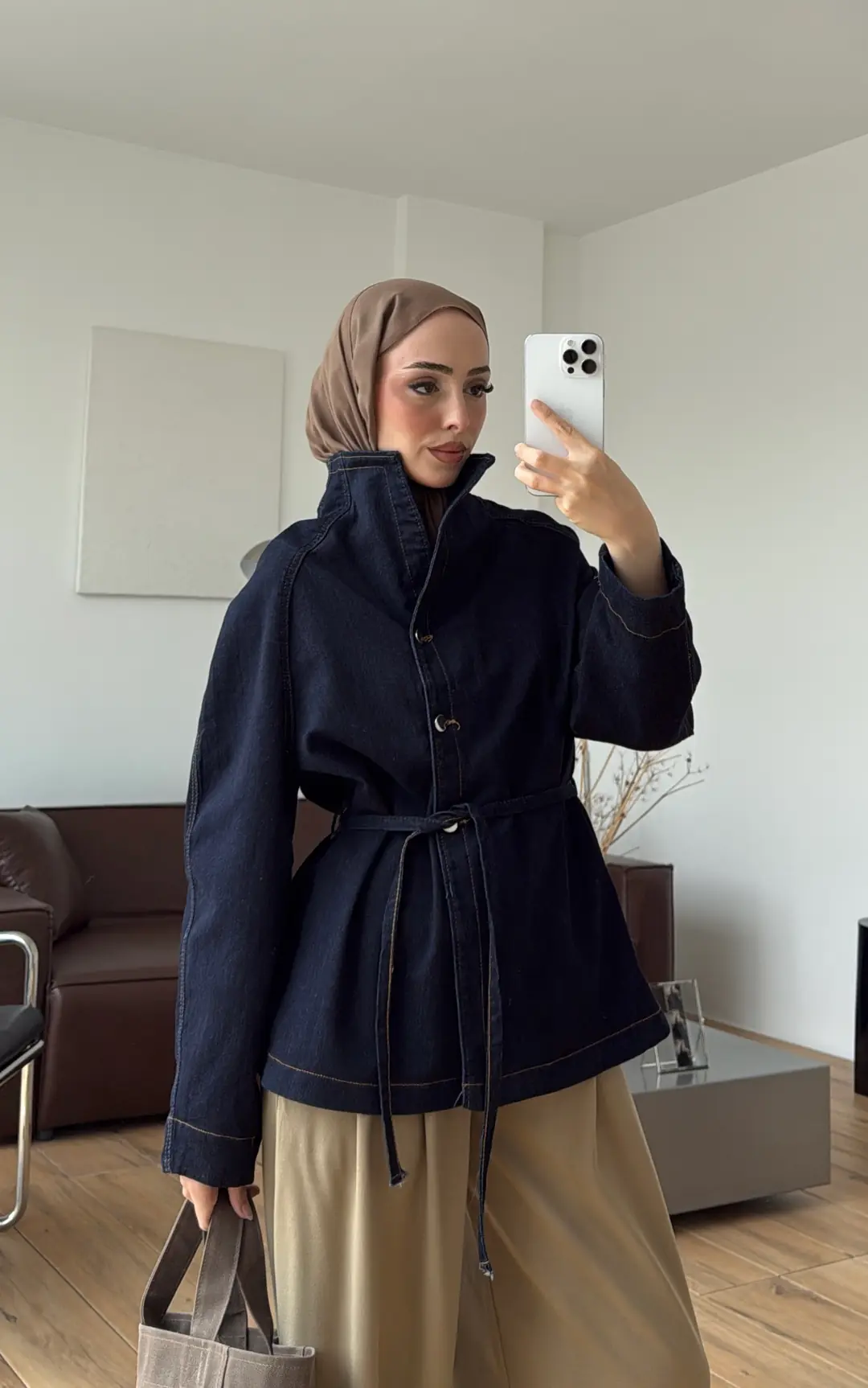 Dik Yaka Lacivert Denim Ceket