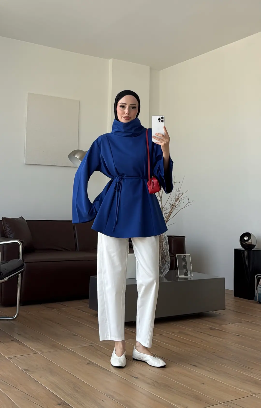 Bel Bağlamalı Dik Yaka Tunik Saks
