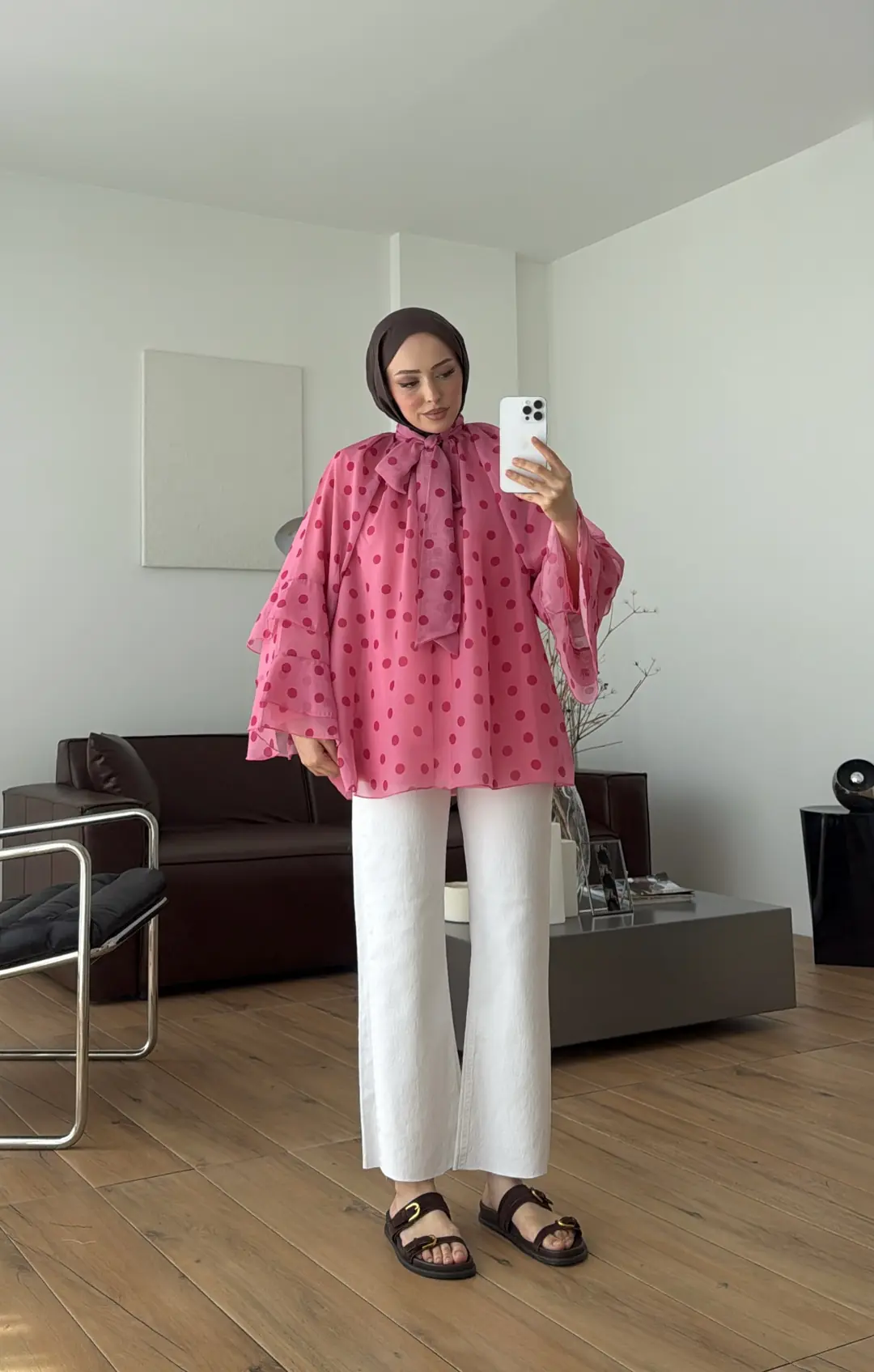 Oryo Puantiyeli Şifon Bluz Pembe