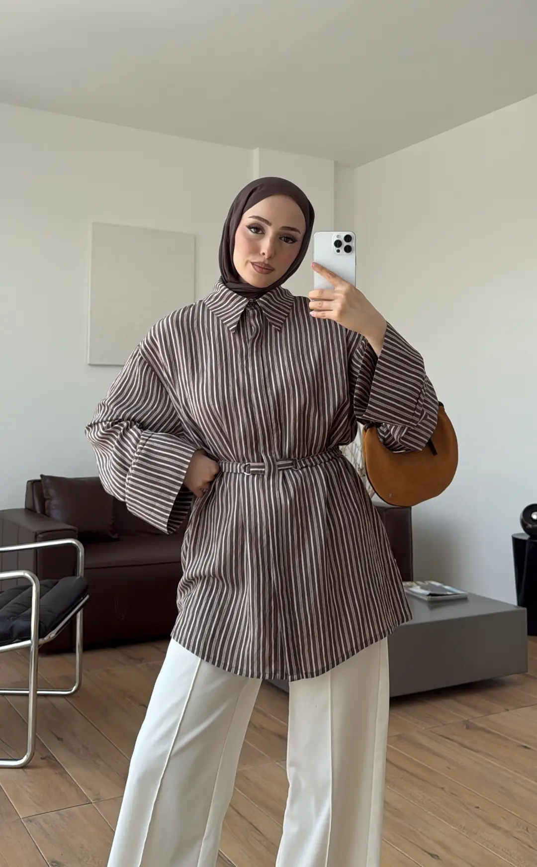 Tokalı Çizgili Gömlek Kahve