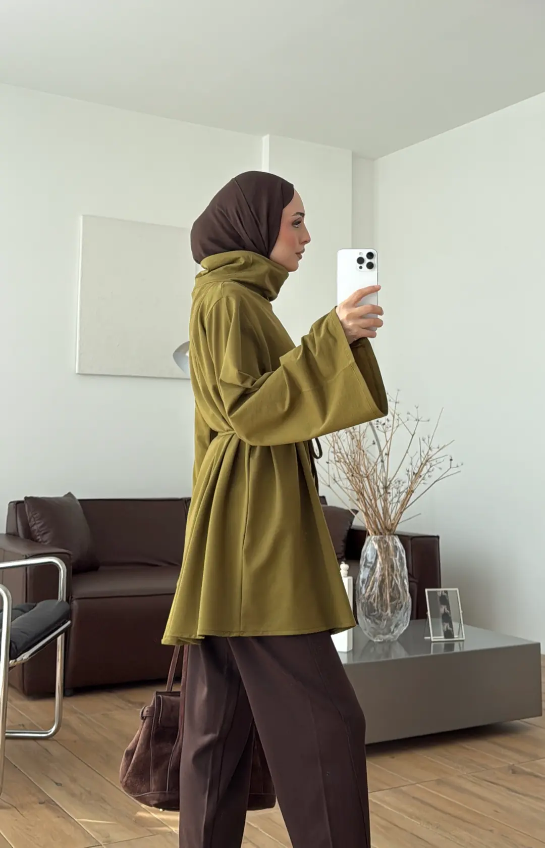 Bel Bağlamalı Dik Yaka Tunik Olive