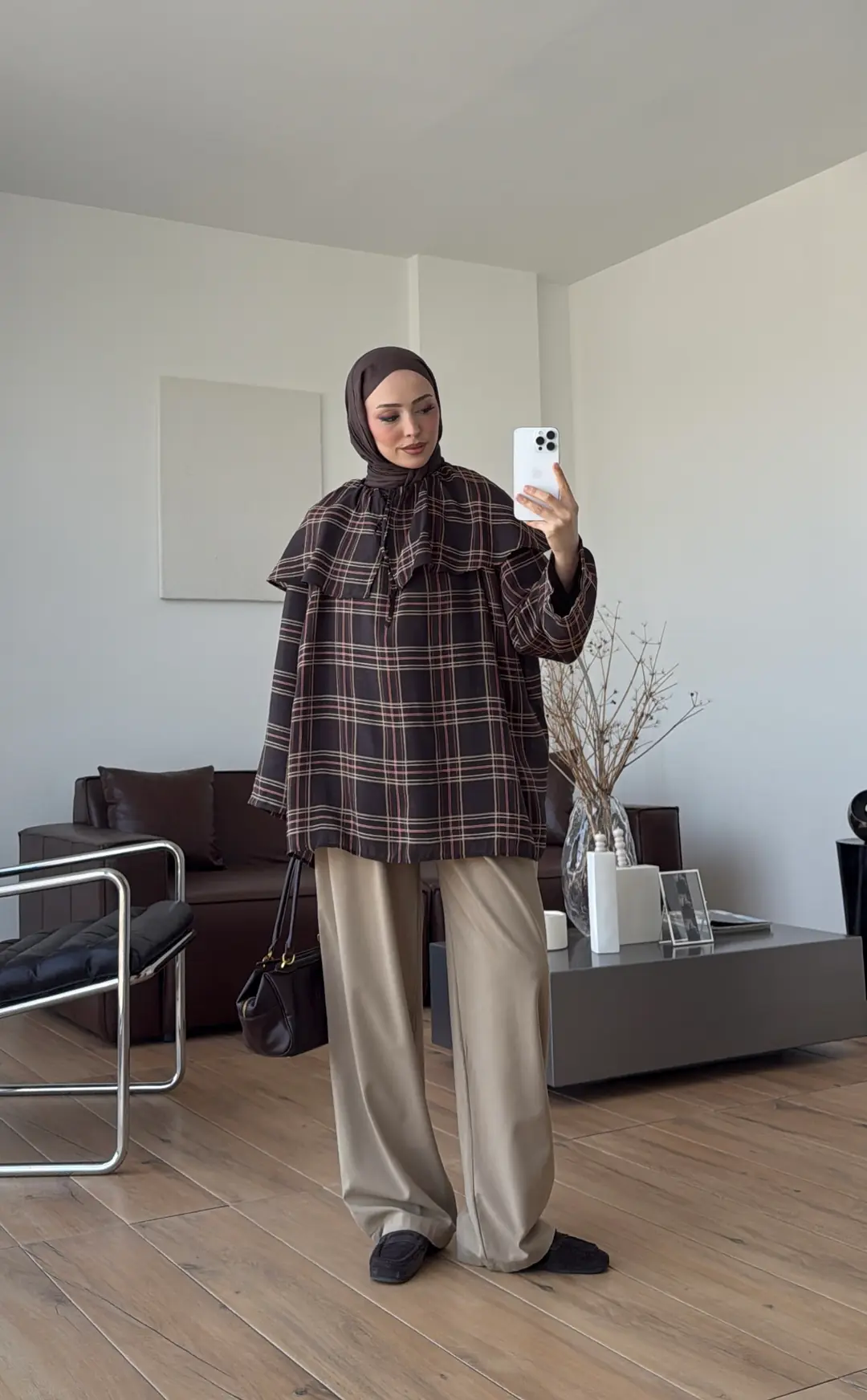 Pelerinli BağcıklI Bluz Kahve Ekose