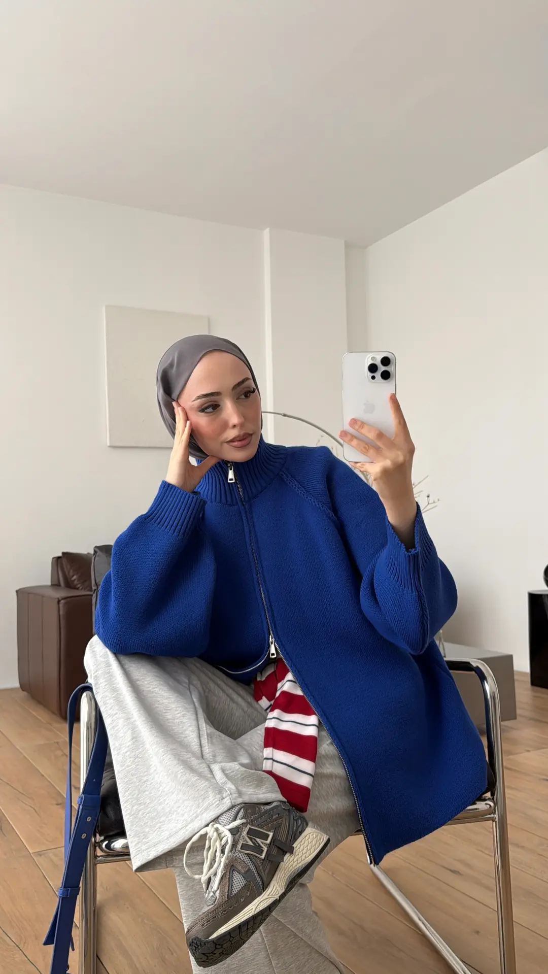 Çift Fermuarlı Triko Hırka Saks