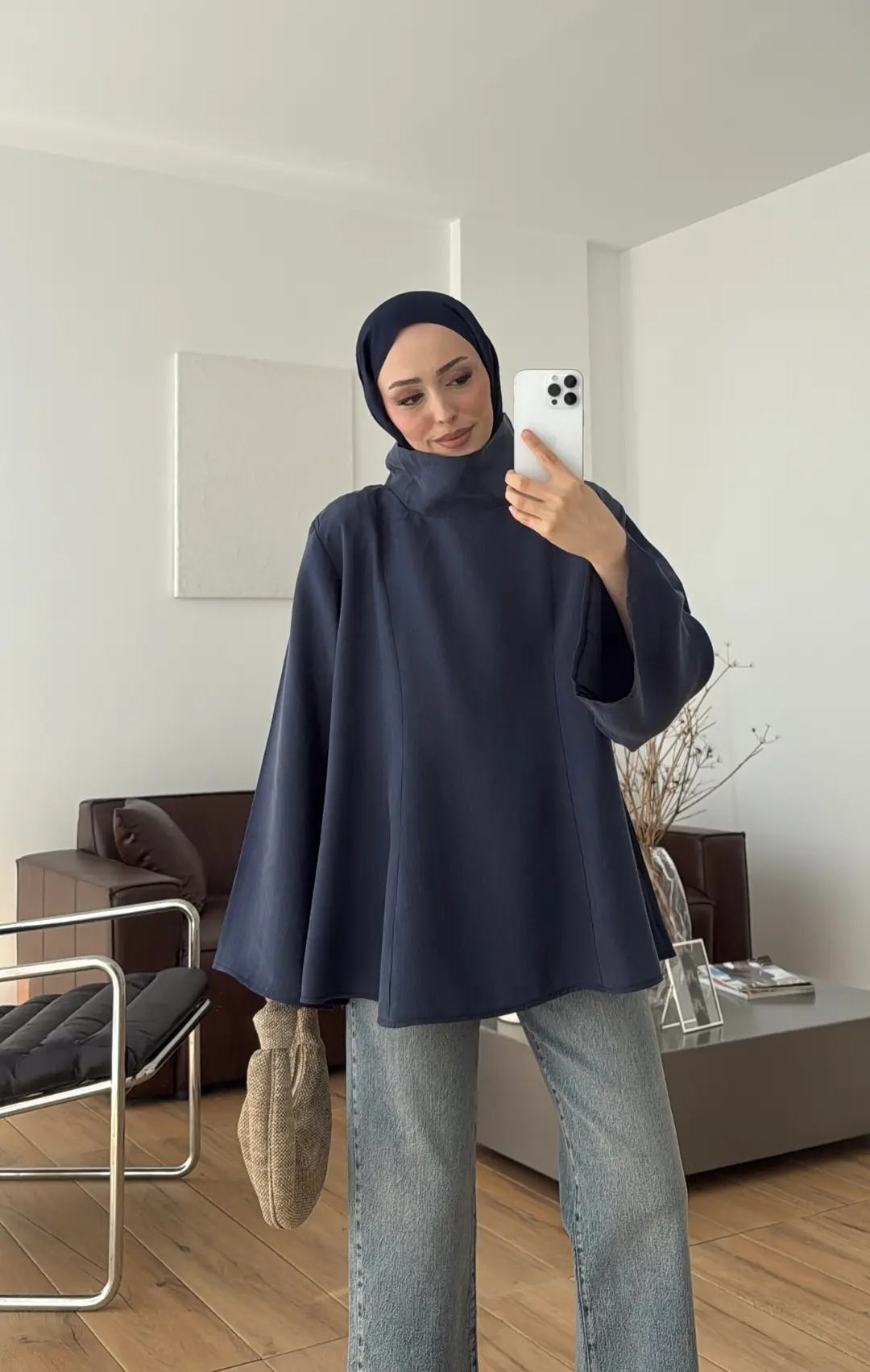 Geniş Yakalı Bluz Lacivert