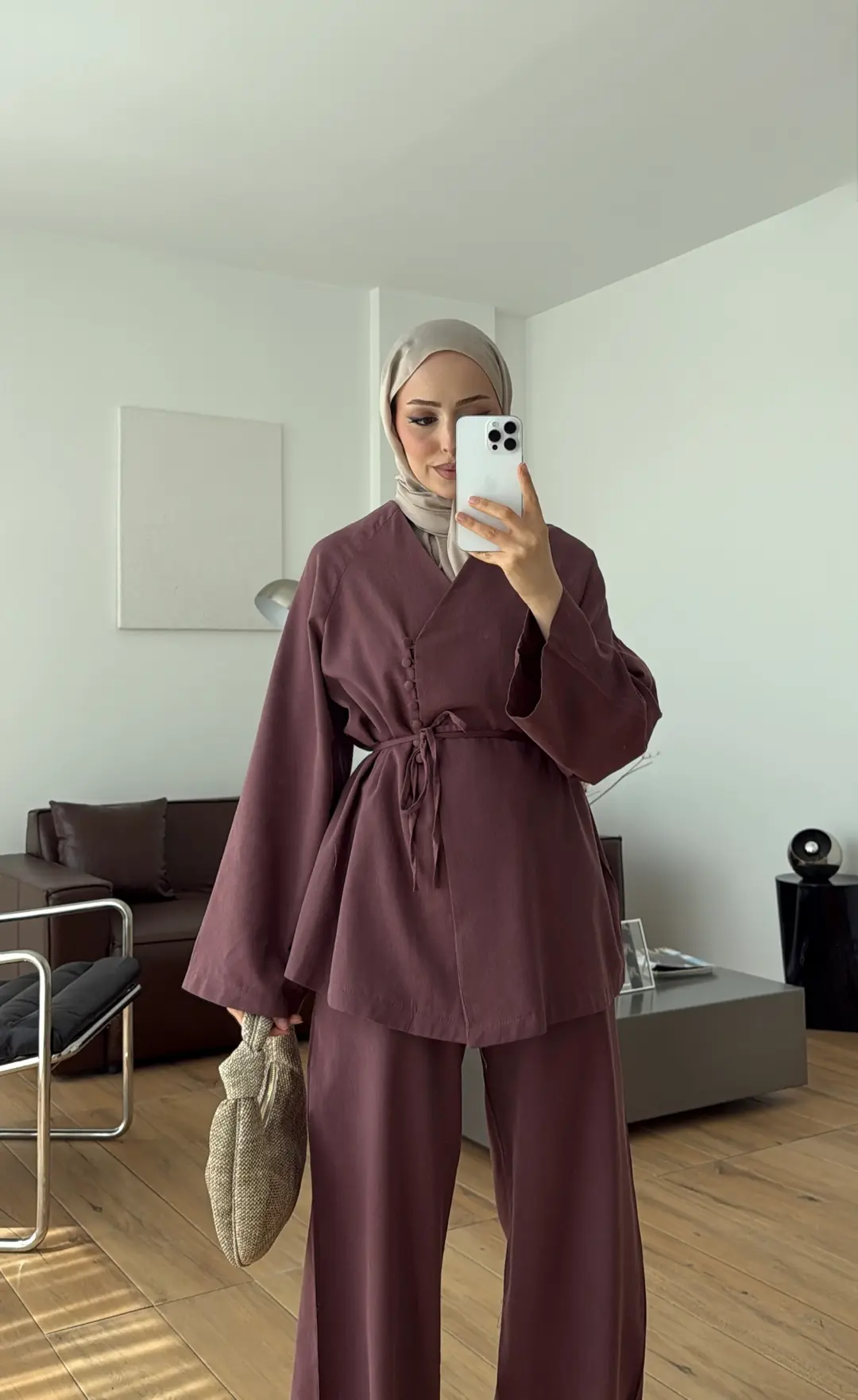 Sık Düğmeli Keten Takım Mürdüm