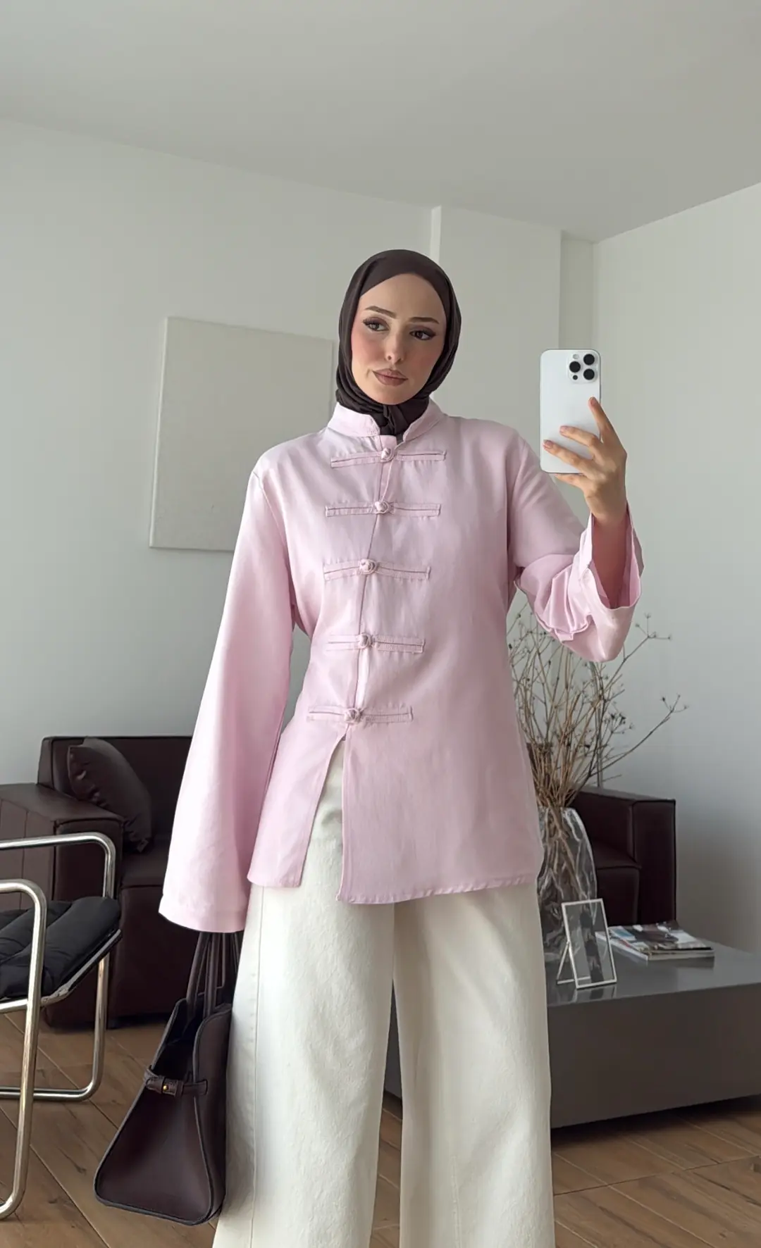 Süslü Düğmeli Keten Bluz Pembe