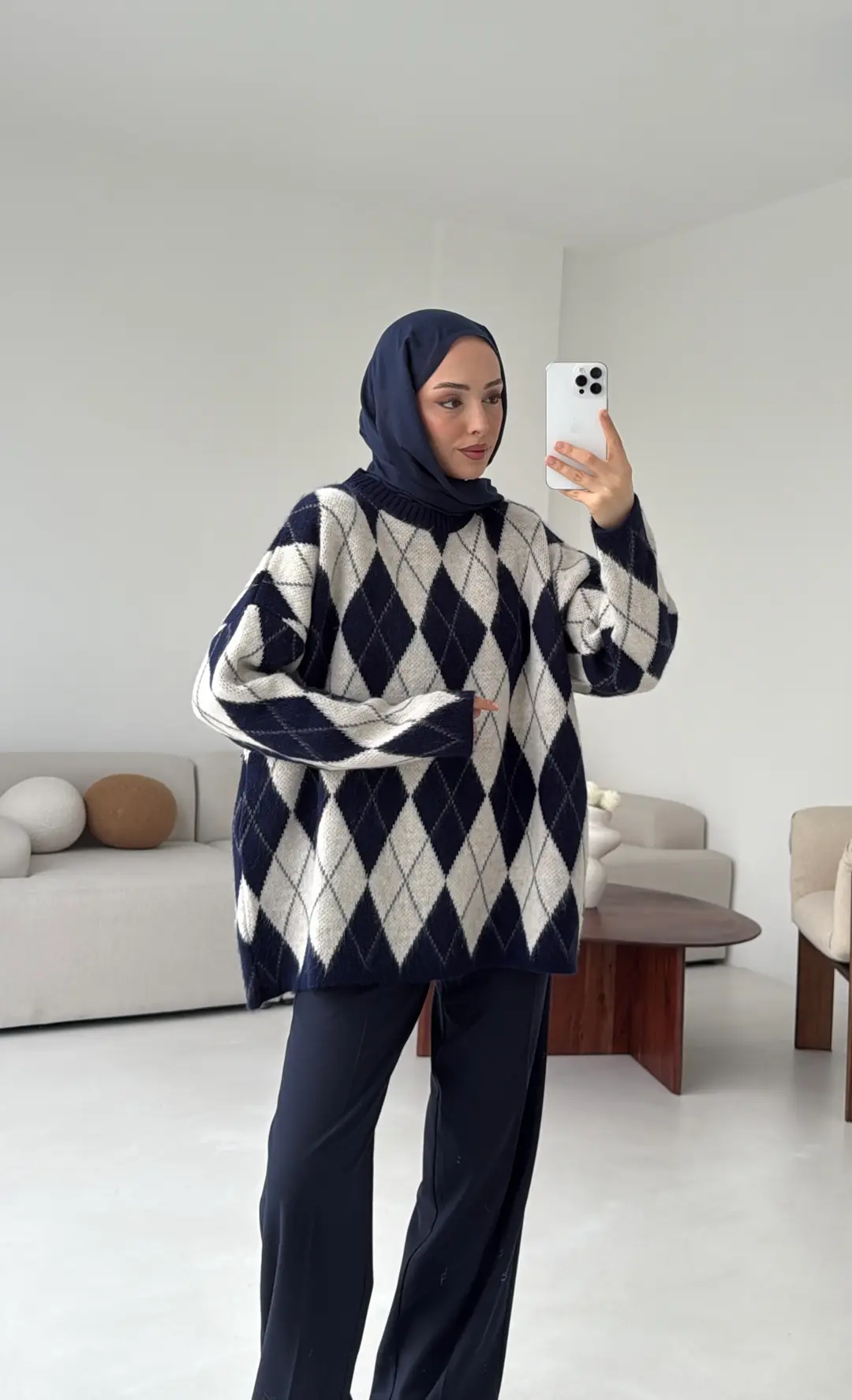 Premium Desenli Kalın Kazak Krem/Lacivert