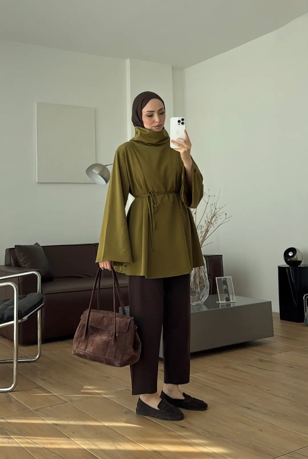 Bel Bağlamalı Dik Yaka Tunik Olive
