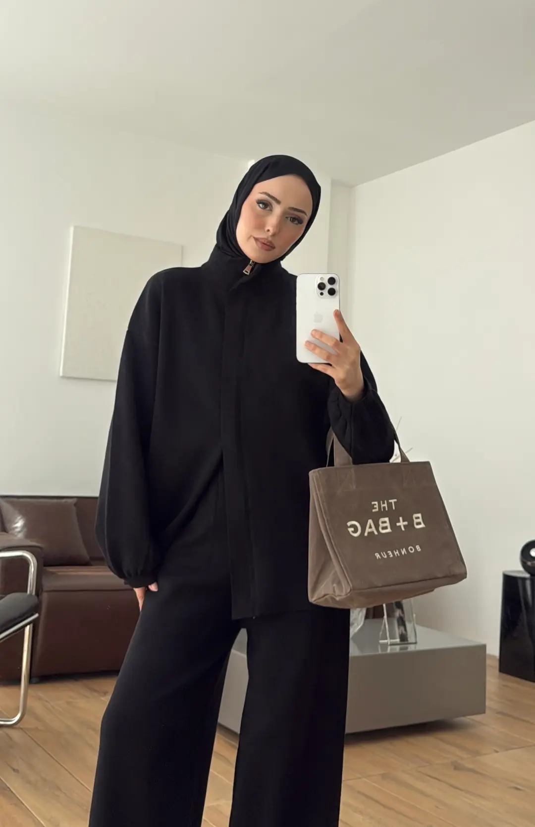 Çift Fermuarlı Tok Kumaş Triko Takım Siyah