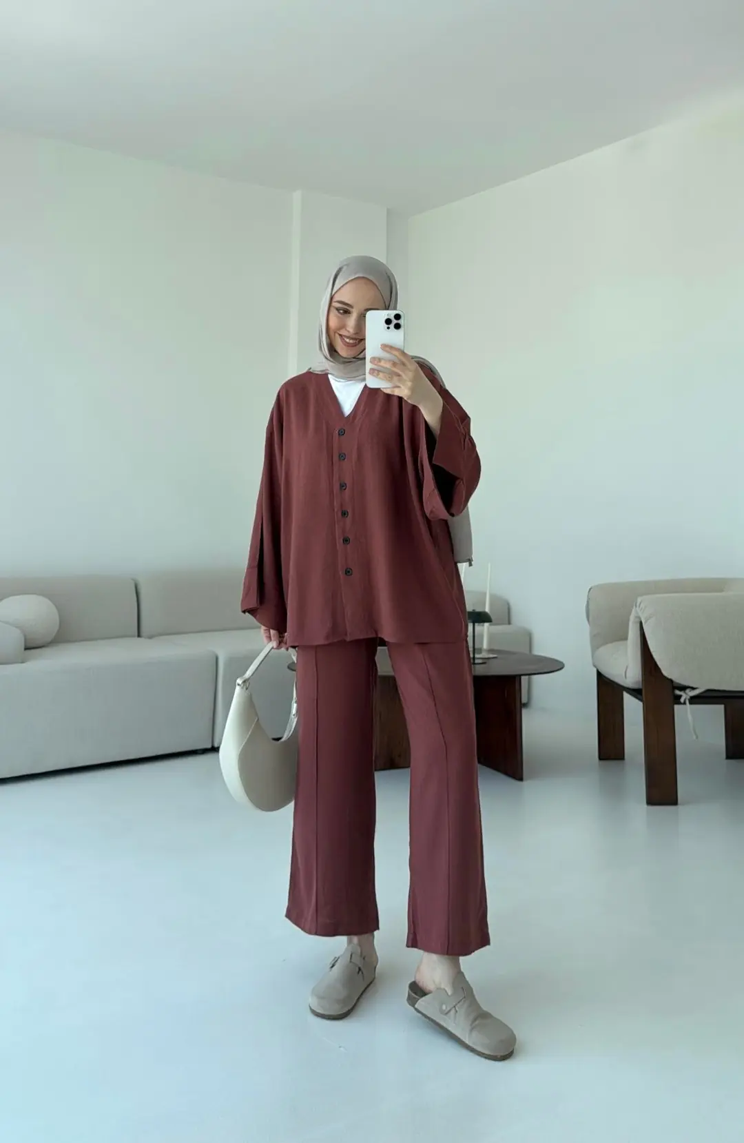 Düğmeli Kimono Takım Kiremit