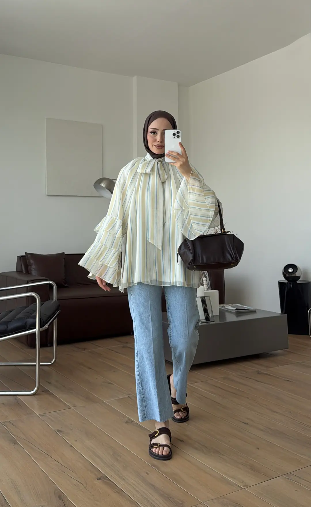 Oryo Çizgili Şifon Bluz Sarı