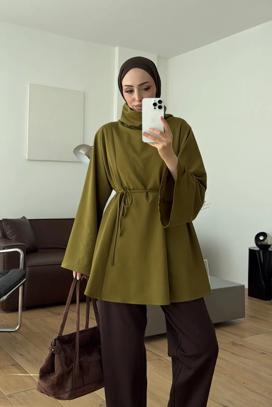 Bel Bağlamalı Dik Yaka Tunik Olive