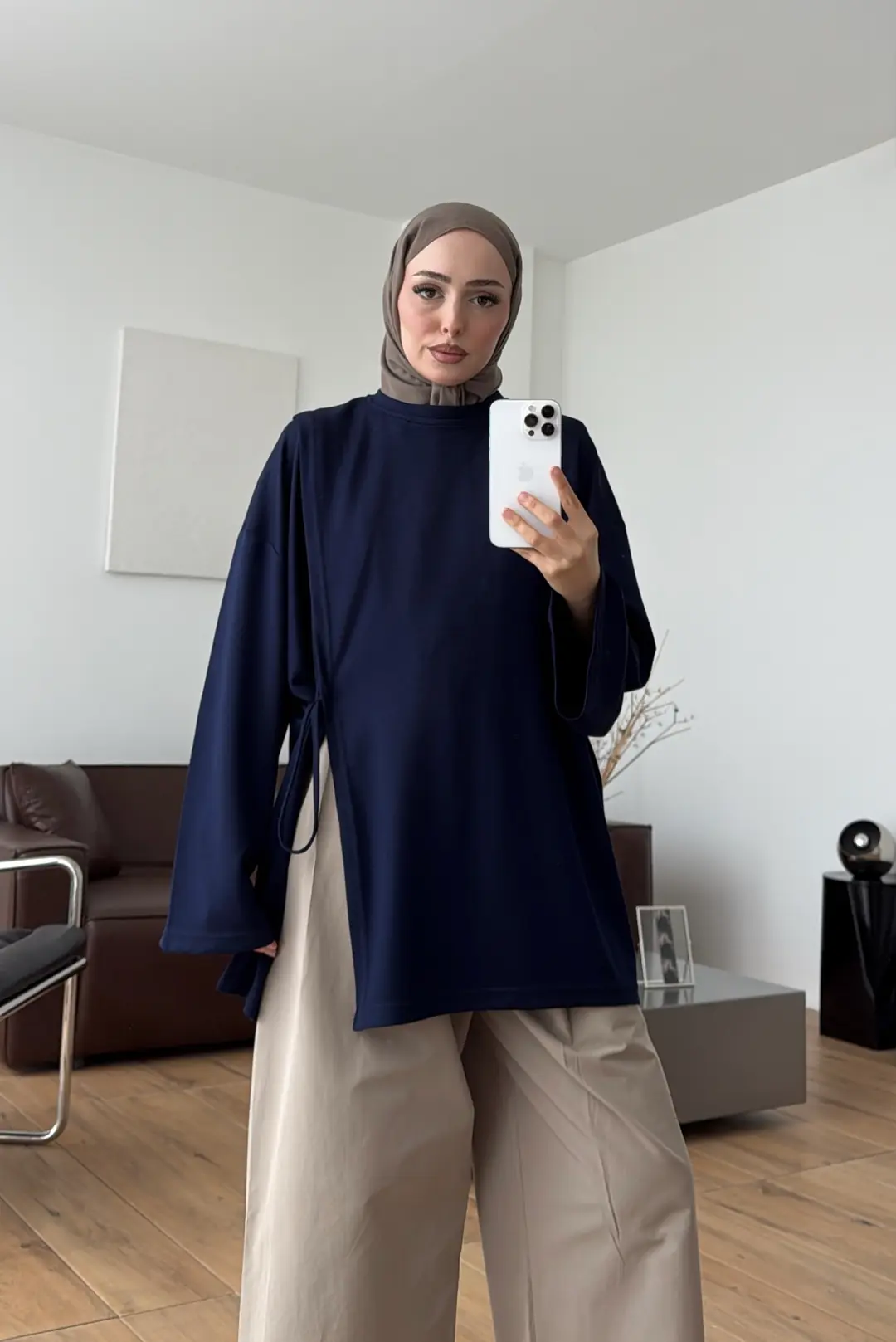 Yan Biye Bağlamalı Tunik Lacivert
