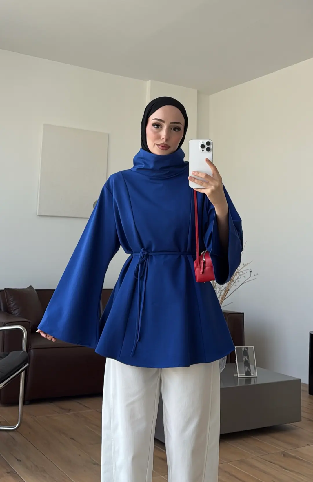 Bel Bağlamalı Dik Yaka Tunik Saks