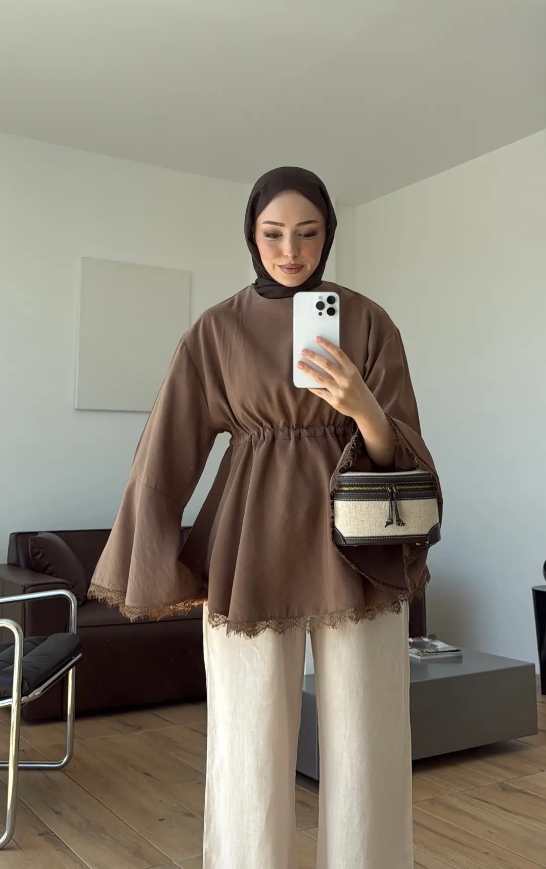 Lace Bel Detay Tunik Açık Kahve