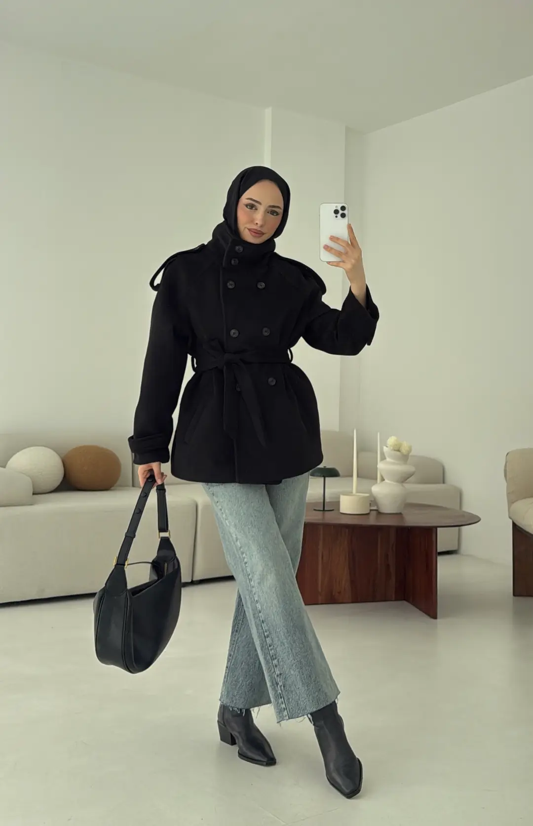 Kuşaklı Oversize Kaşe Kaban Siyah